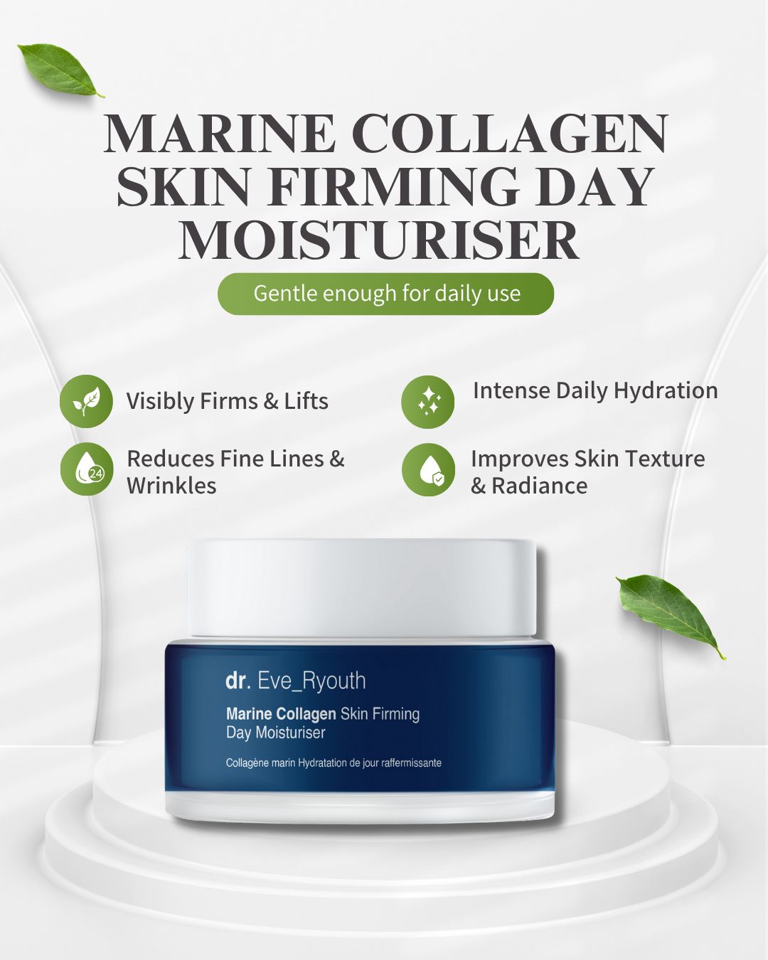 Pot de crème sur piédestal. Inscription: Marine Collagen Skin Firming Day Moisturiser. Avec feuilles et icônes.