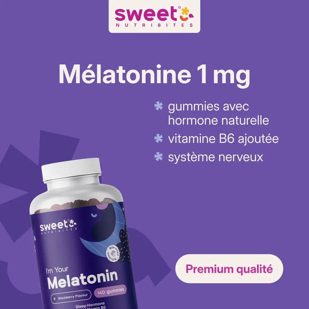 Flacon de gummies. Texte: Mélatonine 1 mg, gummies avec hormone naturelle, vitamine B6 ajoutée, système nerveux. Texte: Qualité supérieure.