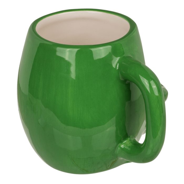 Groene keramische beker met koekjesvak. De beker heeft een oor. Bovenaanzicht.