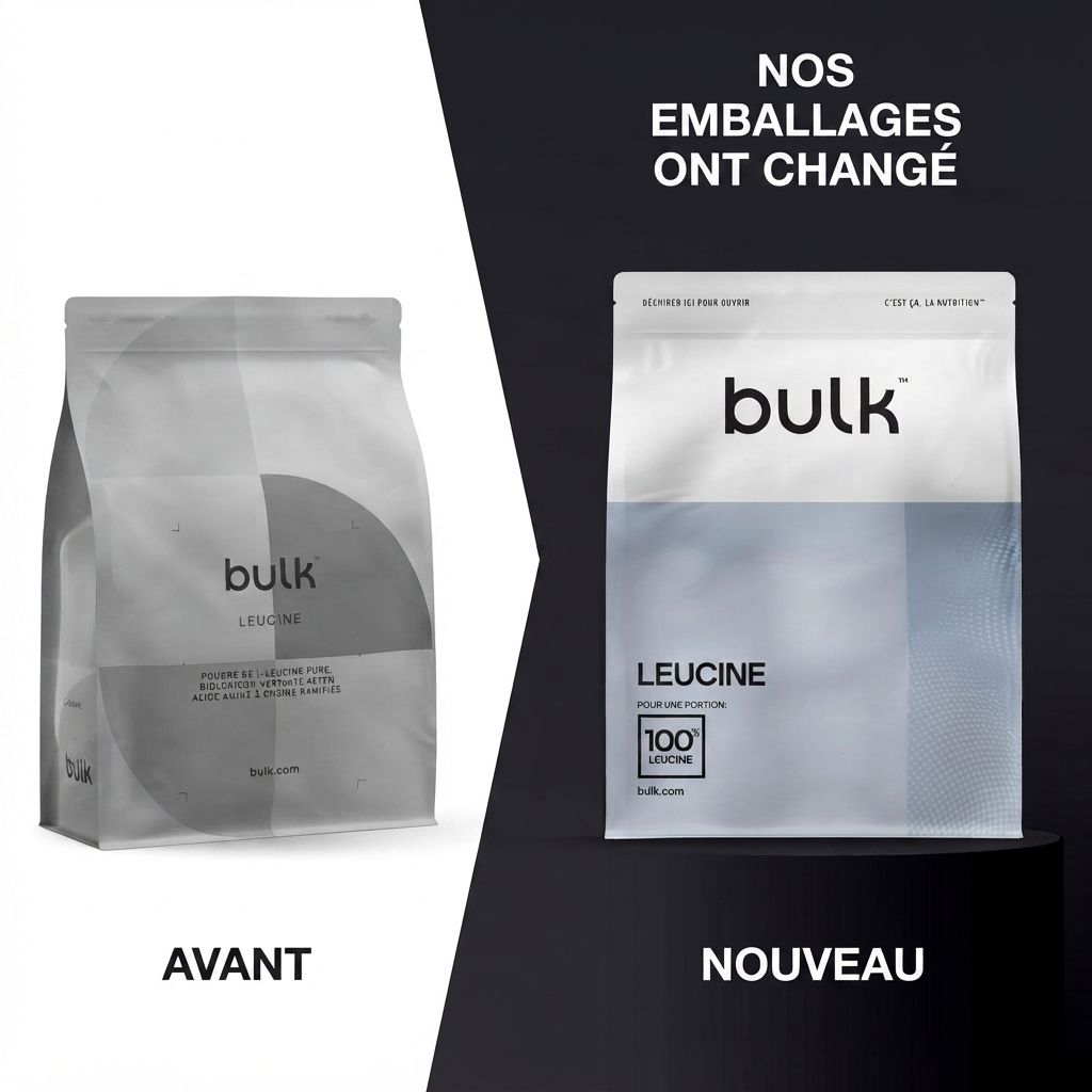 Comparaison des anciens et nouveaux emballages de poudre de L-Leucine de Bulk. "Avant" et "Nouveau".