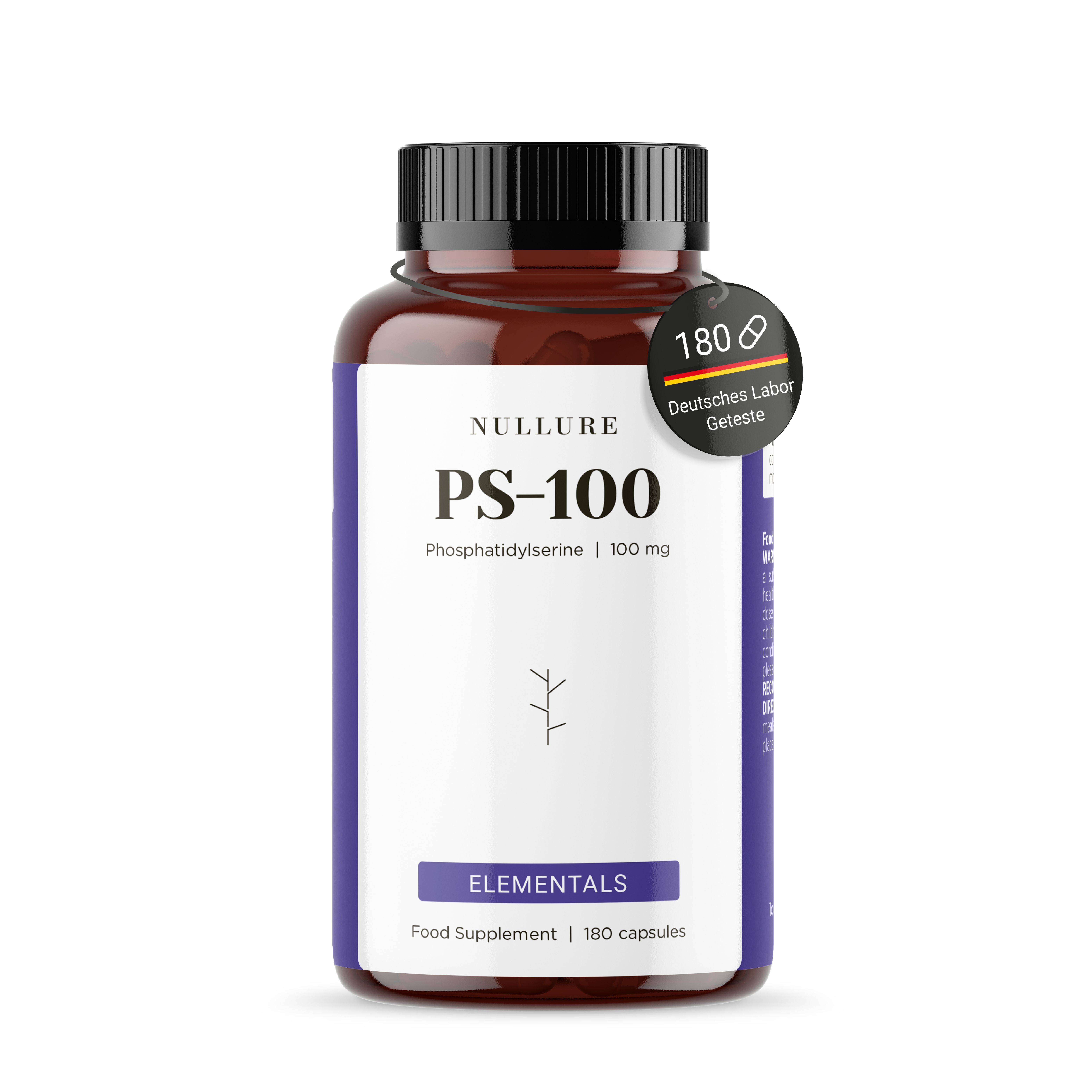 Bouteille de capsules brune avec étiquette blanche. Marque: NULURE, Produit: PS-100 Phosphatidylserine, 100 mg. Contient 180 capsules. Avec sceau 'Deutsches Labor Geteste'.