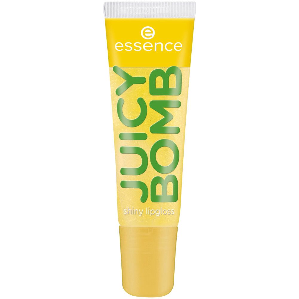 Tube de gloss jaune "essence JUICY BOMB shiny lipgloss". Bouchon blanc, corps jaune, texte vert.