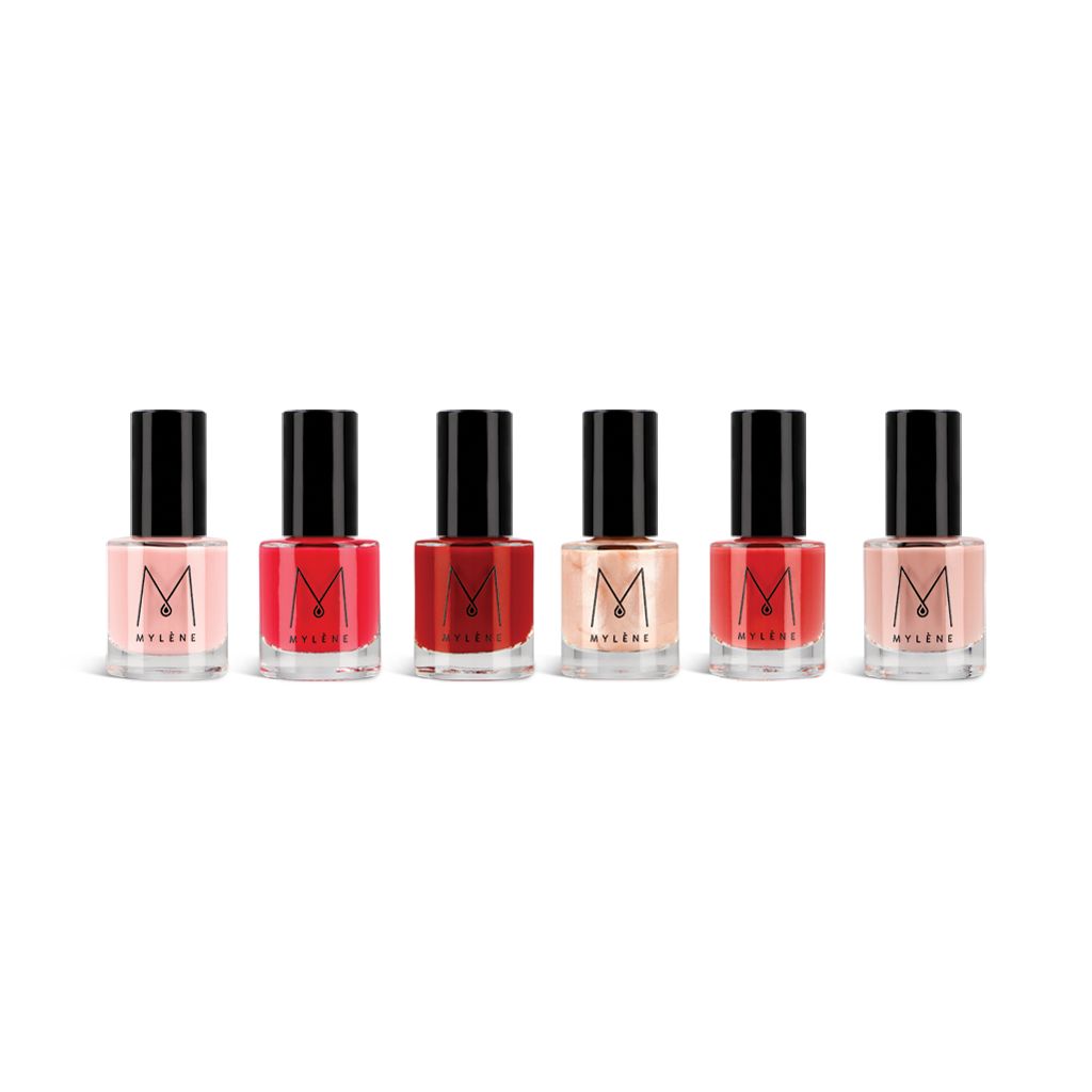 Six flacons de vernis à ongles avec bouchon noir. Couleurs : rose, rouge, rouge, beige, rouge, rose. La marque Mylène est visible sur les flacons.