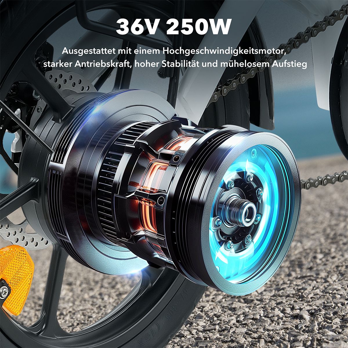 Gros plan du moteur électrique d'un vélo électrique. Texte : 36V 250W, moteur haute vitesse.