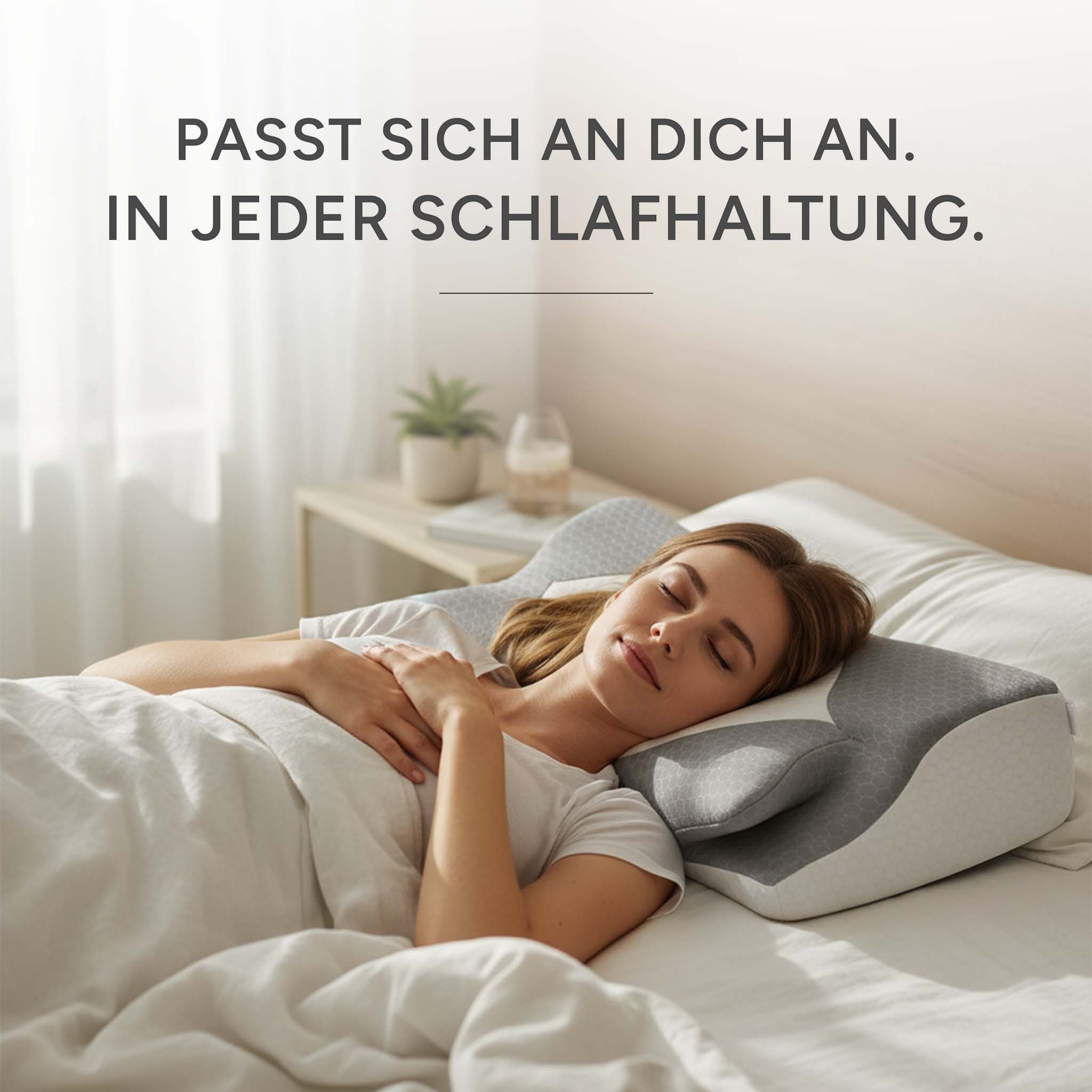 Vrouw ligt op haar rug, hoofd op orthopedisch nekkussen. Tekst: 'Past zich aan jou aan. In elke slaaphouding.'