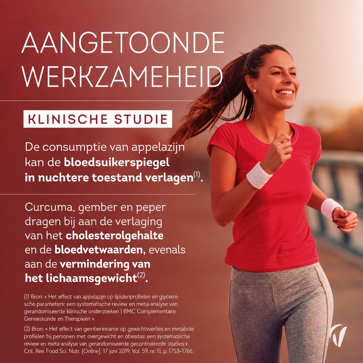 Vrouw die rent in rood shirt en grijze broek, tekst over klinische studies naar appelazijn en gewichtsverlies.