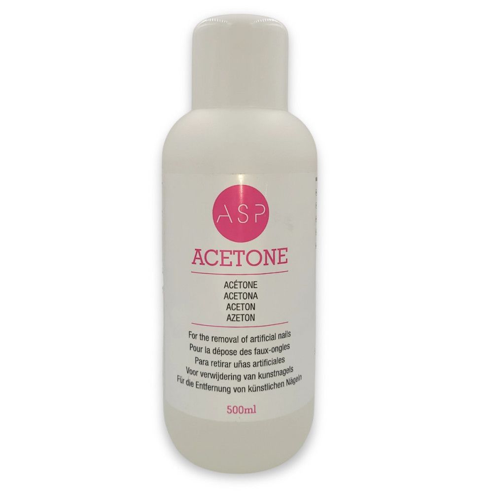 Flacon blanc avec étiquette rose. Inscription : ASP, ACETONE. Texte multilingue : Pour la dépose des faux-ongles. Contenance : 500ml.