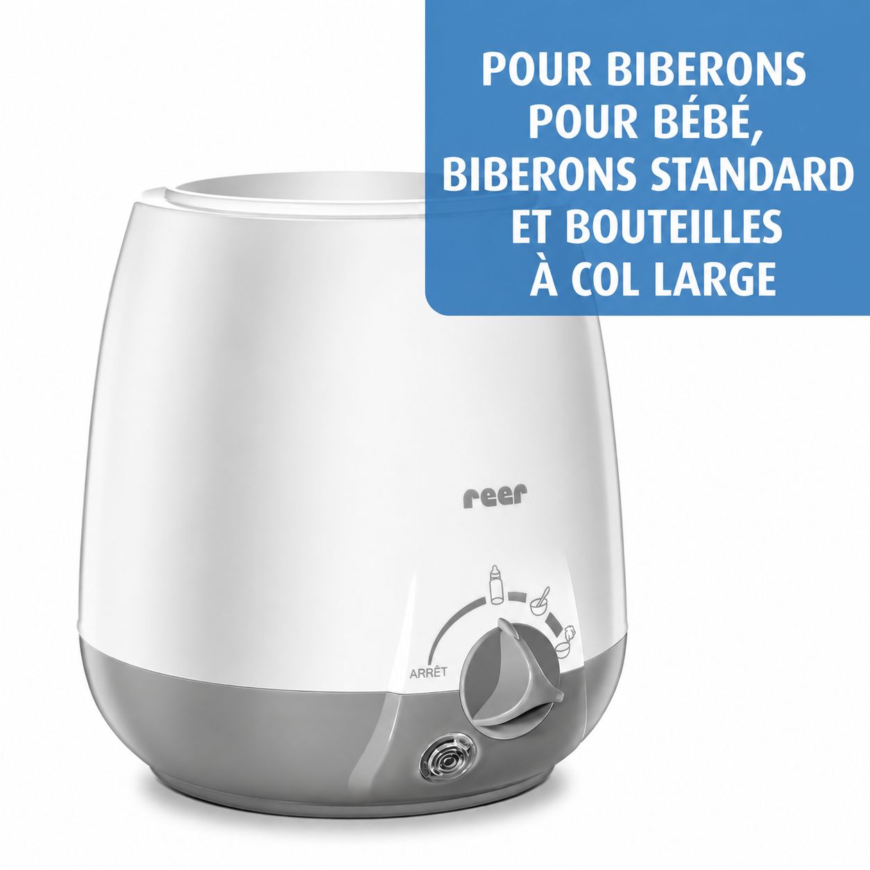 Chauffe-biberon blanc et gris avec bouton de commande et symboles pour différents réglages.