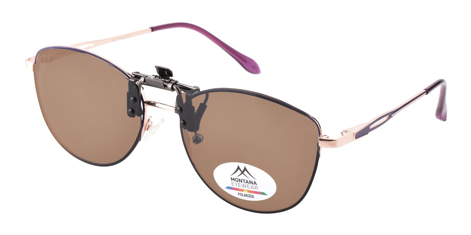 Montana Eyewear Sopot flip-up zonnebril, bruine glazen, zwart montuur, gouden pootjes. Logo zichtbaar.