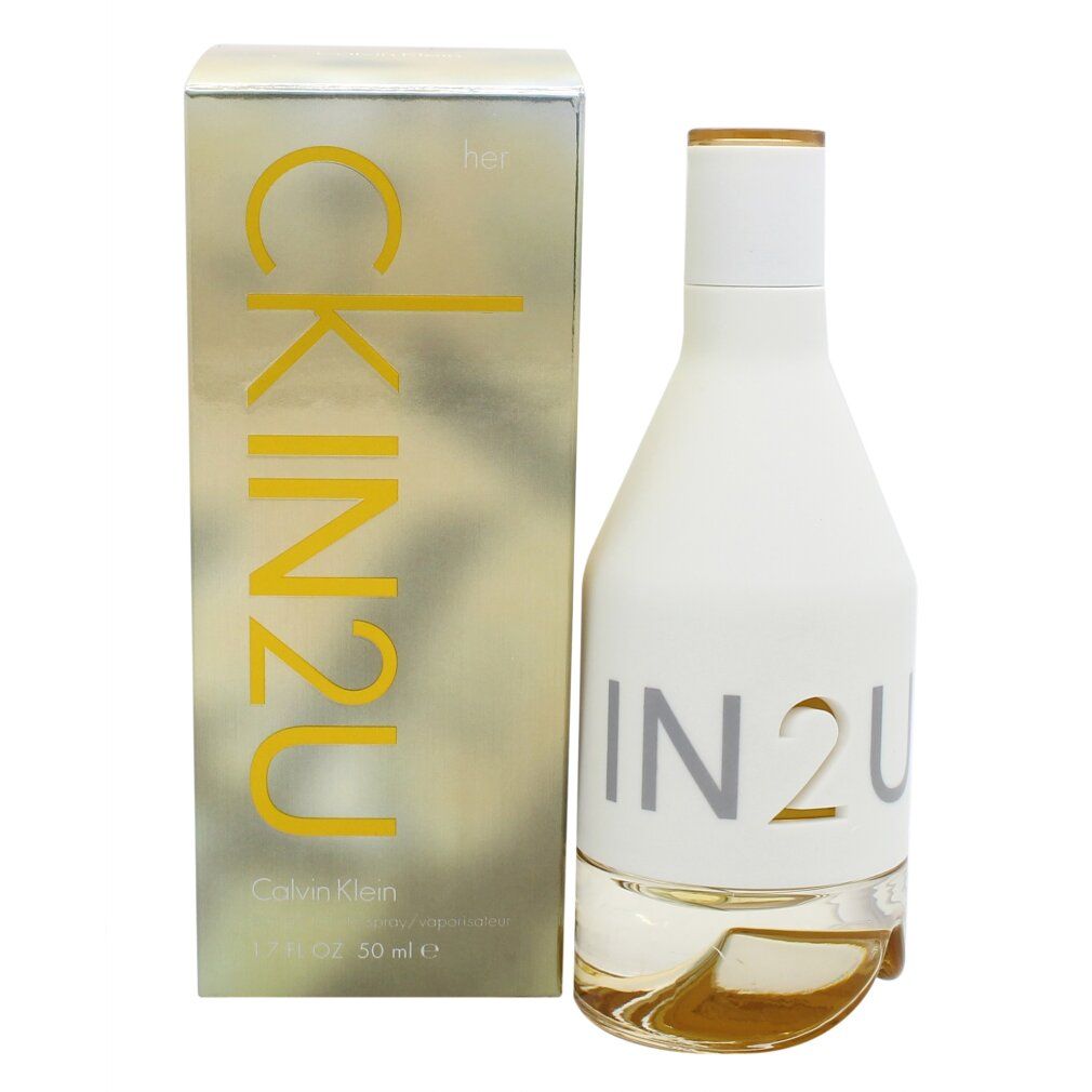 Parfumfles en doos. Witte fles, opschrift IN2U. Doos met gele opschrift CK IN2U, Her.