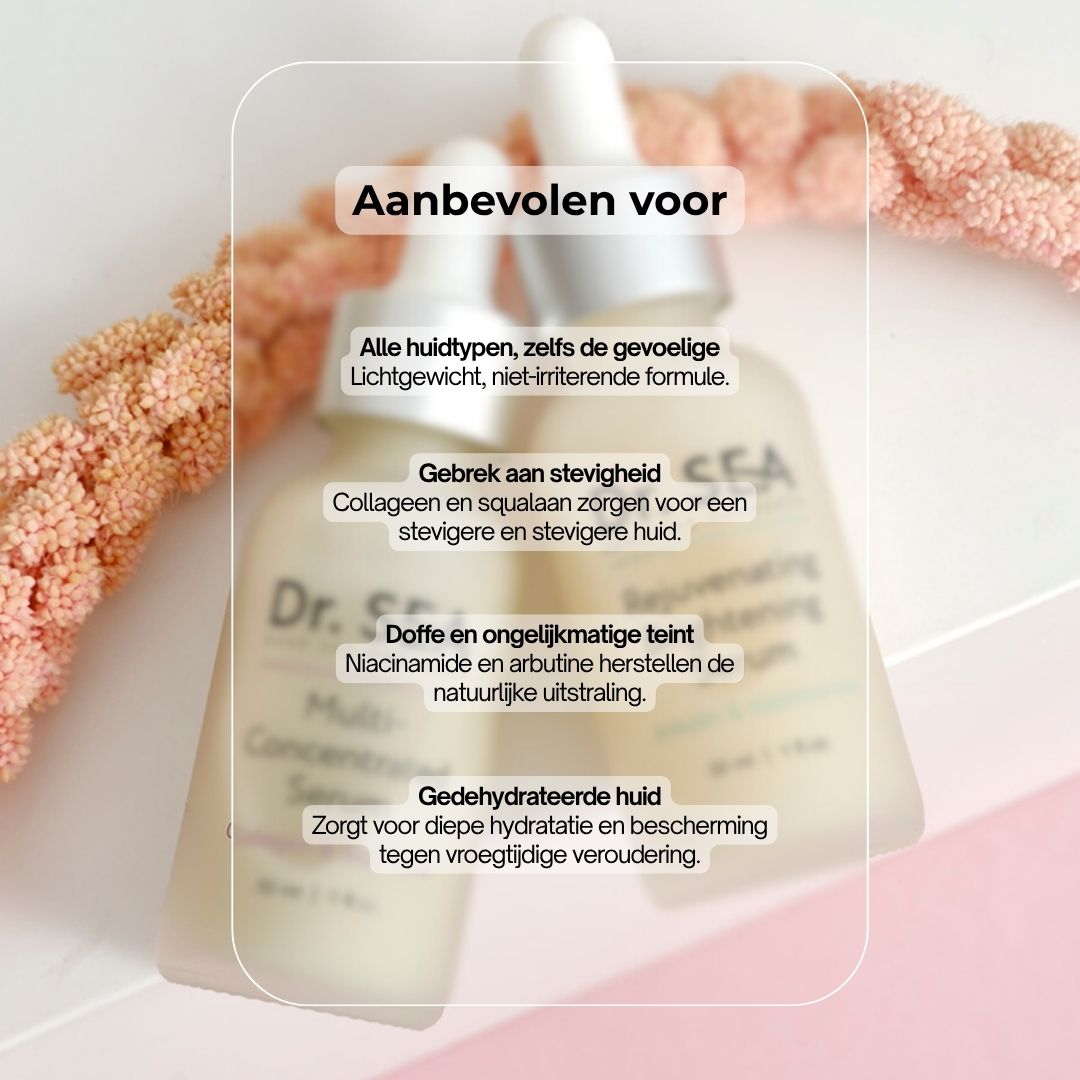 Serumfles met tekst. Opschrift: Dr. SEA, Multi-Concentrated Serum, Collagen & Squalane. 30 ml | 1 fl.oz. Tekst over voordelen.