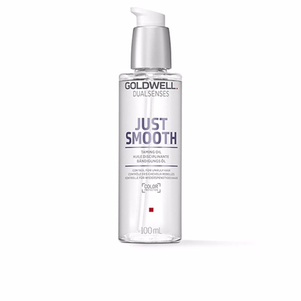 Flacon transparent avec pompe argentée. Inscription: Goldwell Dualsenses, Just Smooth. Contient de l'huile lissante. 100ml.