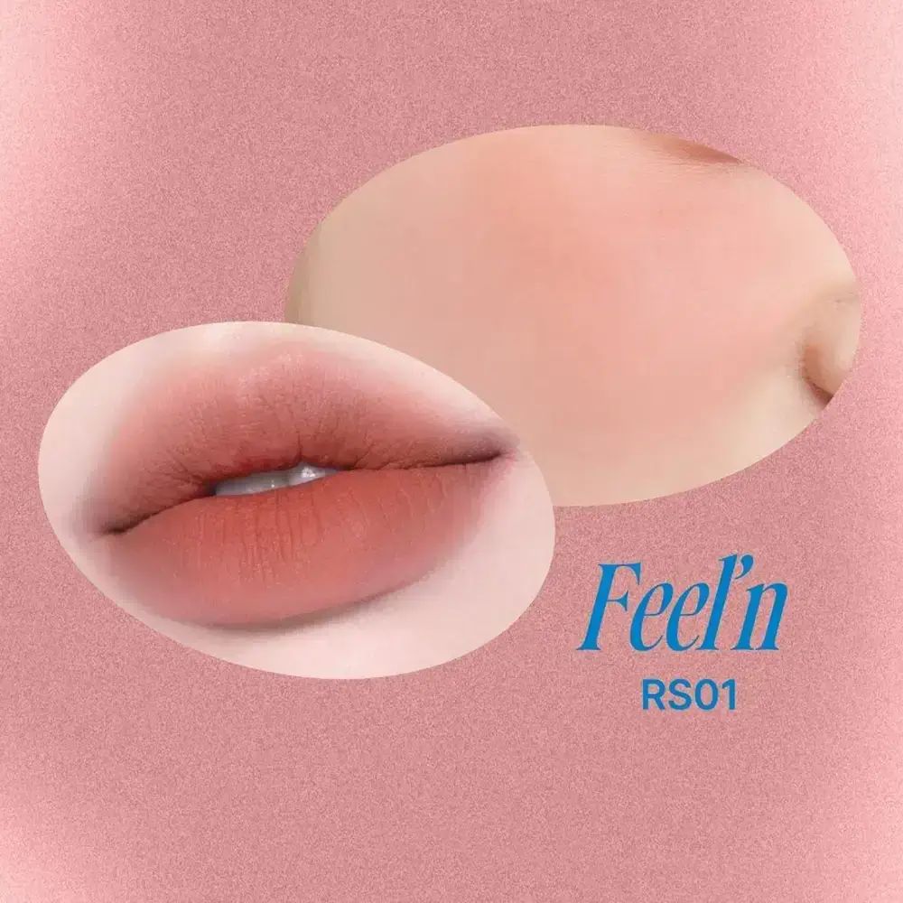Lippen en wangen met RS01 Feel'n. Lippen en wangen in roze en rode tinten. Tekst: Feel'n RS01.