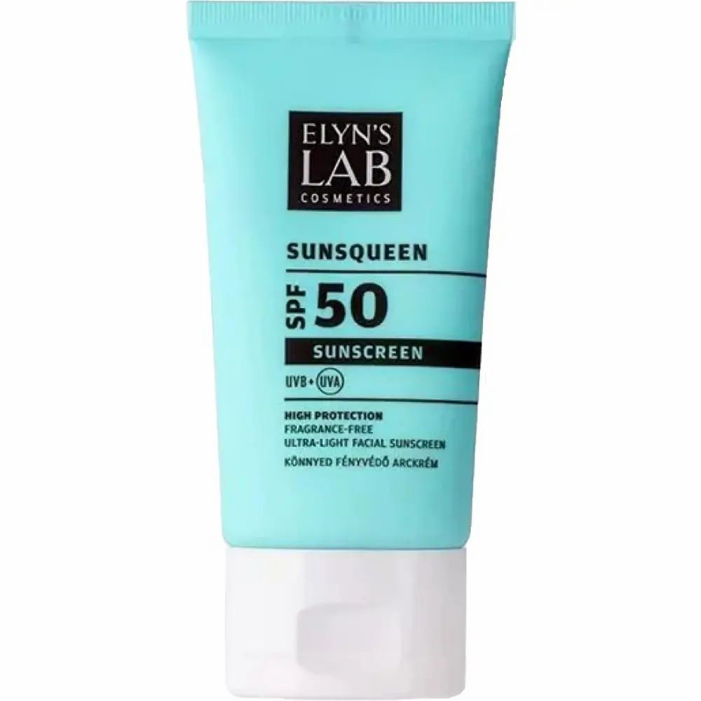 Turquoise tube met witte dop. Opdruk: ELYN'S LAB, SUNSQUEEN SPF50, zonnebrandcrème. Tekst in zwart en wit.