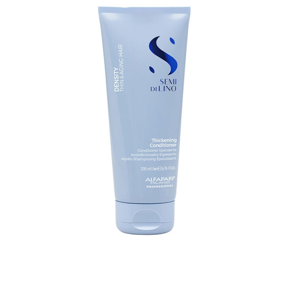 Lichtblauwe tube Alfaparf Semi di Lino Verdikkende Conditioner, 200 ml.
