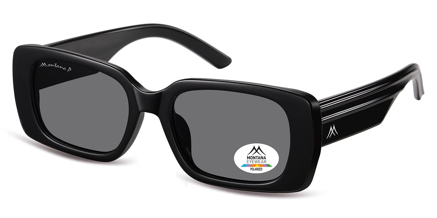 Lunettes de soleil noires rectangulaires. Logo Montana Eyewear sur le verre. Verres polarisés.