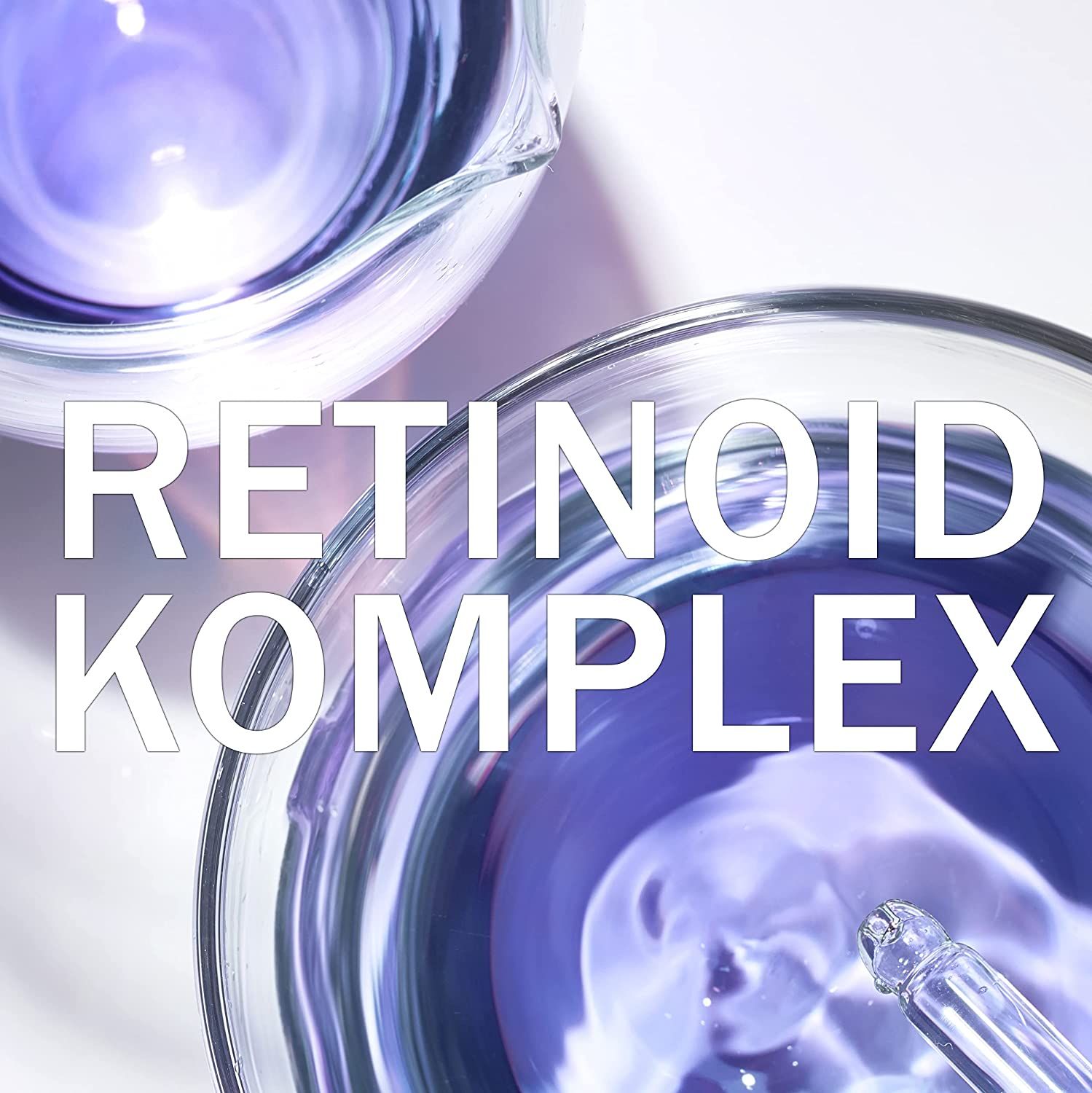 Deux récipients en verre avec liquide violet. Inscription: Retinoid Komplex. Pipette visible.