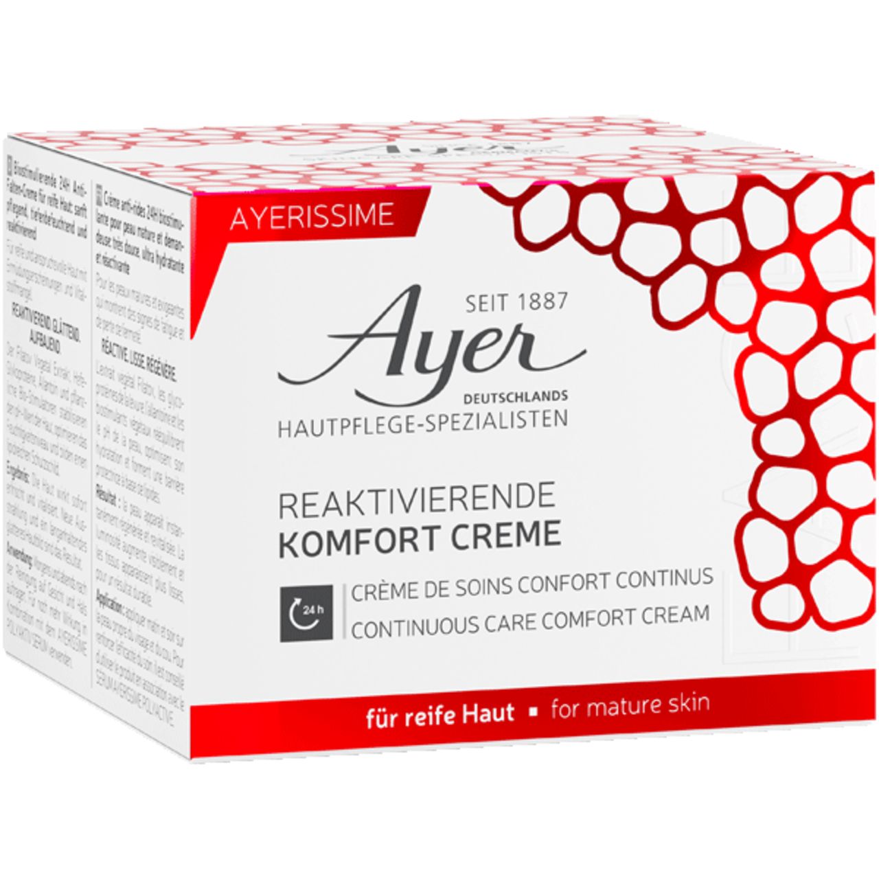 Boîte blanche avec motif rouge. Inscription : Ayer, Crème Confort Réactivante, pour peaux matures. Symbole 24H.