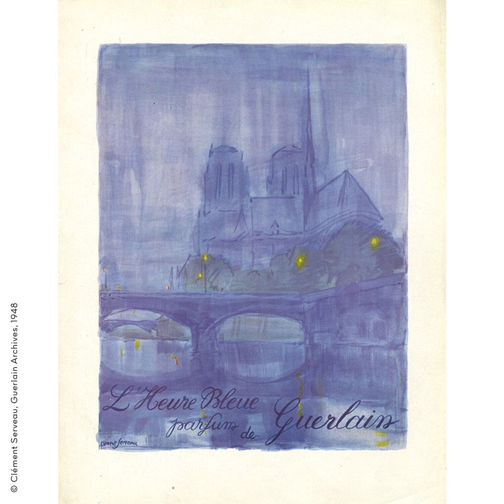 Blauw aquarel van Notre-Dame. Tekst: L'Heure Bleue, Parfum de Guerlain. Handtekening rechtsonder. Aquarelkleuren.