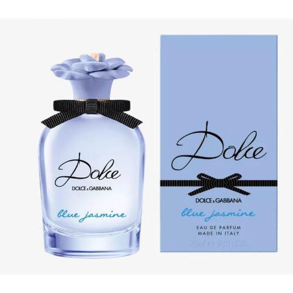 Flacon de parfum bleu clair avec nœud noir et fleur bleu clair. Boîte bleu clair avec inscription Dolce.