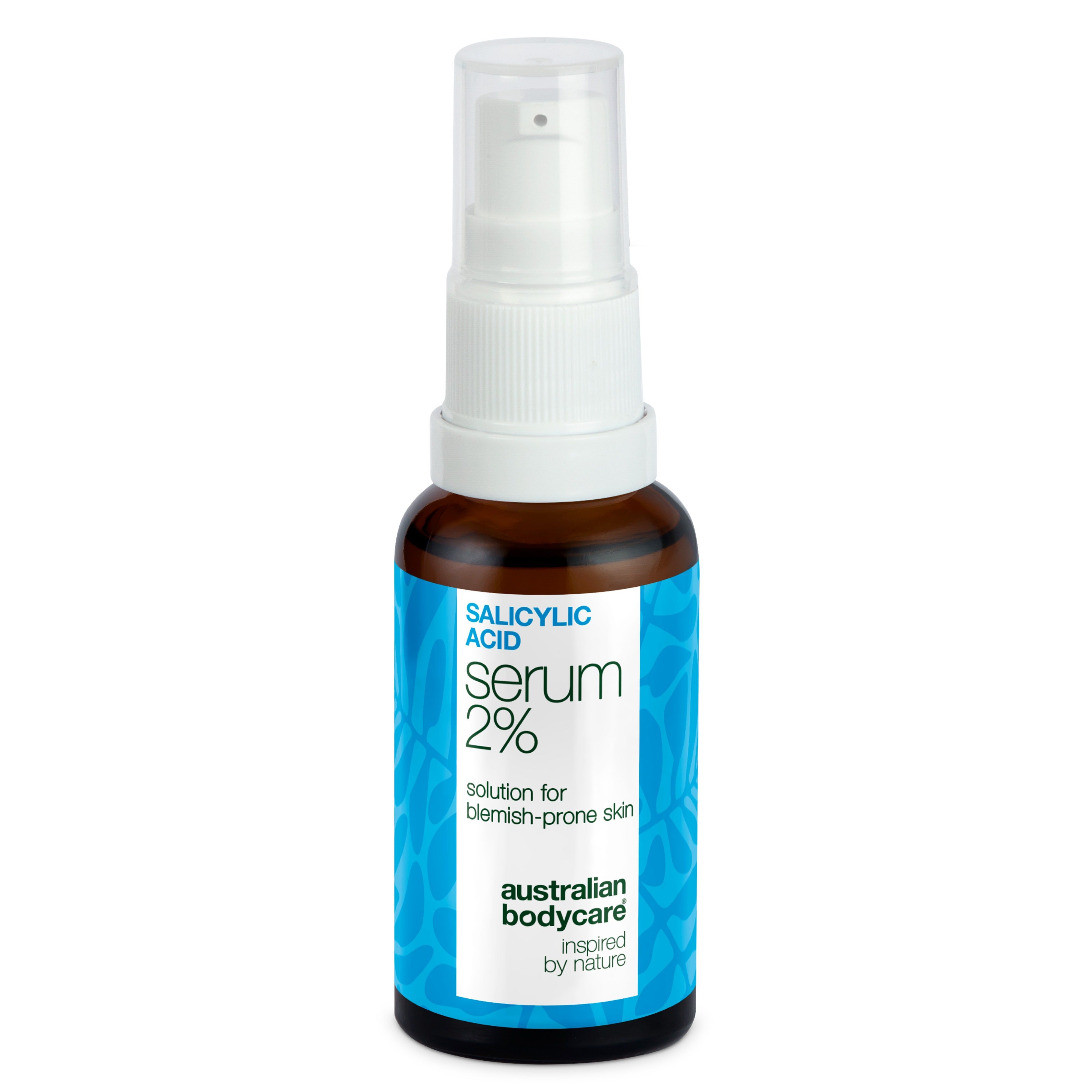 Bruine fles met witte pomp. Label: Salicylic Acid Serum 2%, australian bodycare.