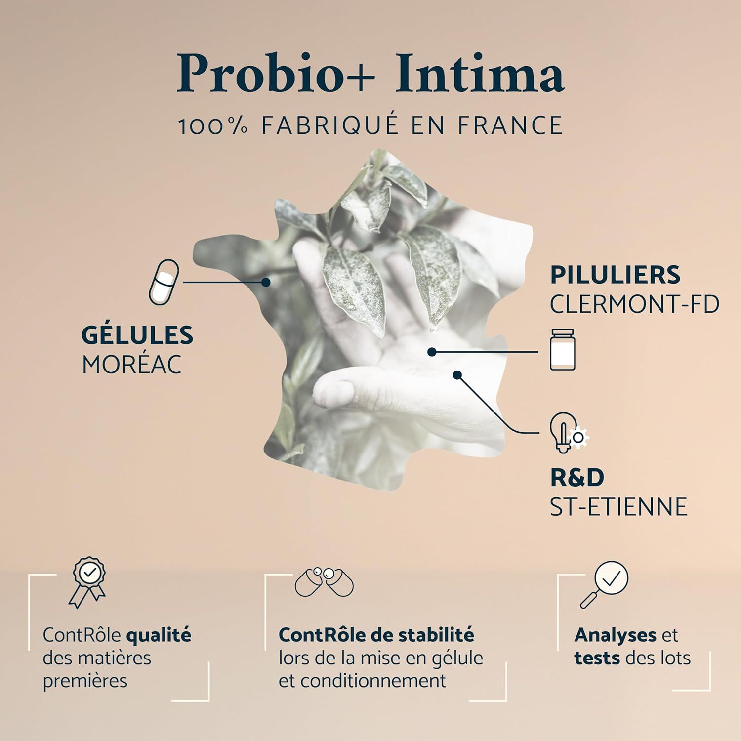 Probio+ Intima : 100% fabriqué en France. Gélules à Moréac, Piluliers à Clermont-FD, R&D à St-Etienne. Contrôle qualité, contrôle stabilité, analyses.