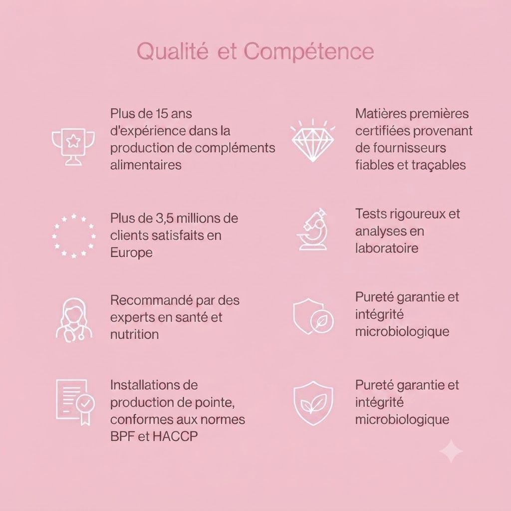 Infographie Qualité et Compétence : Plus de 15 ans d'expérience, 3,5M clients satisfaits, recommandé par des experts, production BPF/HACCP, matières premières certifiées, tests labo, pureté microbiologique.