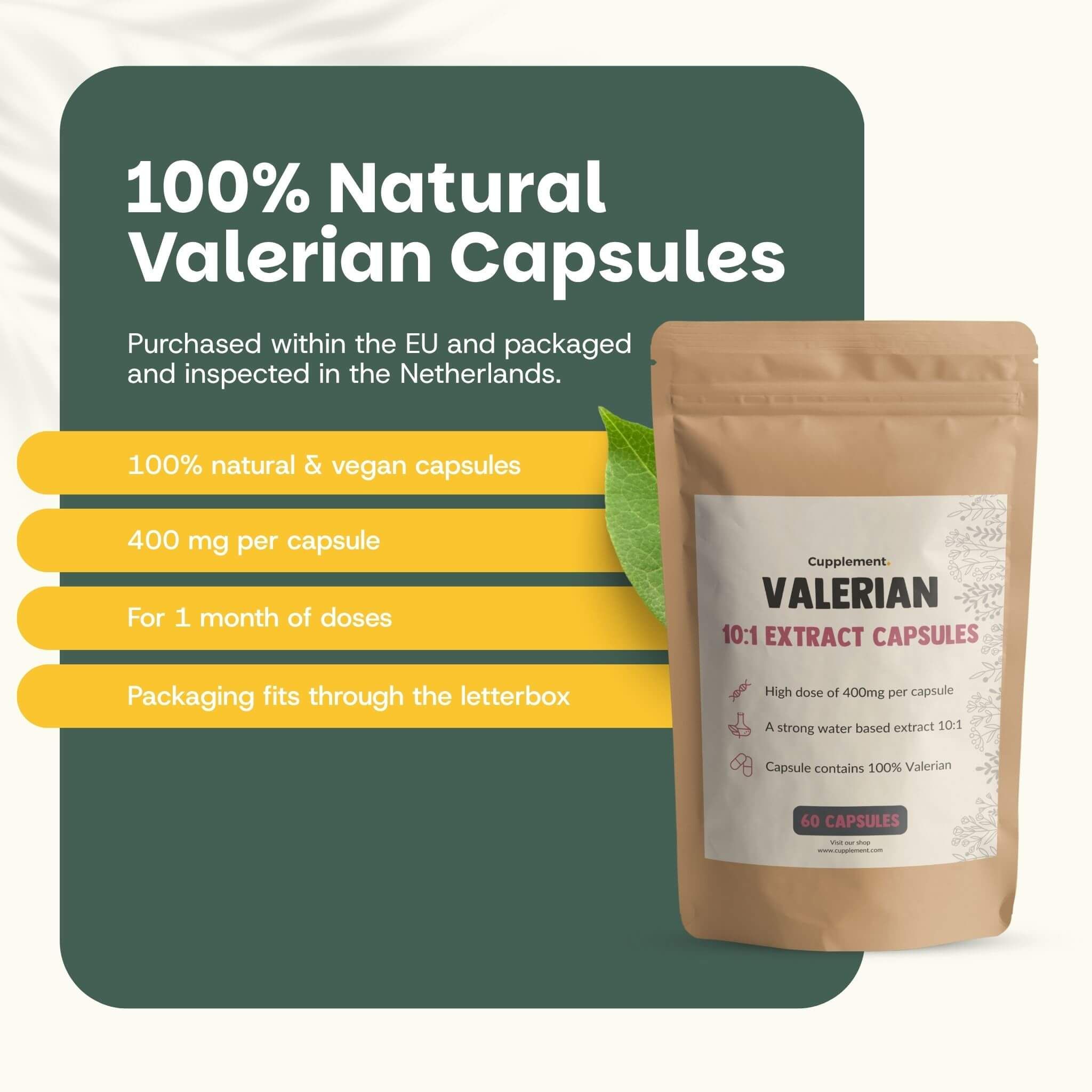 Sachet de gélules d'extrait de valériane 10:1. Texte : gélules 100% naturelles et végétaliennes, 400 mg par gélule, pour 1 mois.
