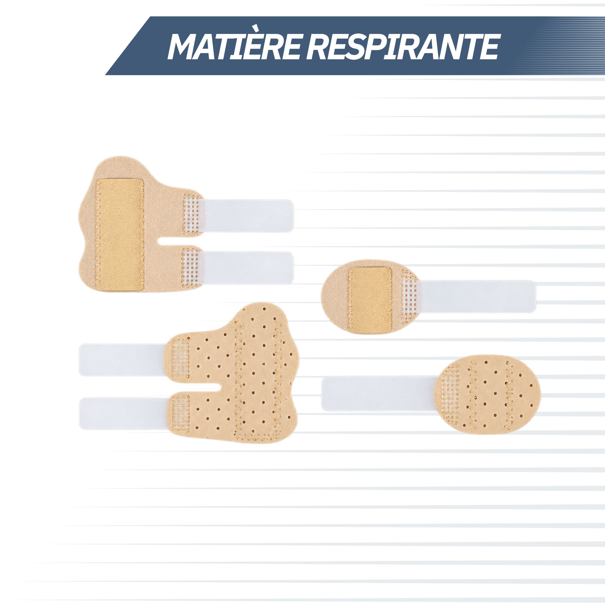 Deux orthèses de doigt couleur chair avec attaches velcro et perforations.