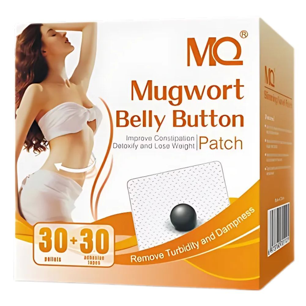 Boîte de patchs MQ Mugwort Belly Button. Contient 30+30 patchs. Inscription : Improve Constipation, Detoxify and Lose Weight.