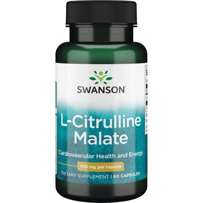 Groene capsule met wit etiket: L-Citrulline Malaat 750 mg per capsule, 60 capsules.