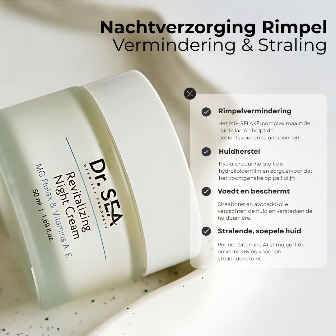 Crèmepot met tekst. Tekst: Rimpelvermindering, huidherstel, voedt en beschermt, stralende, soepele huid.