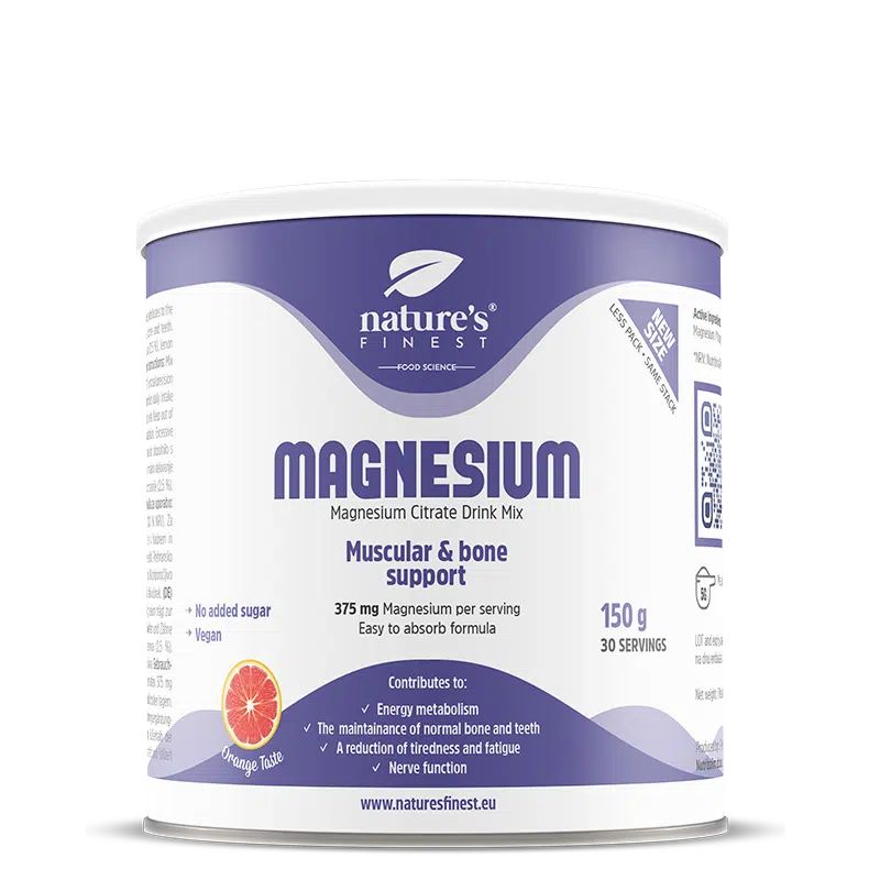 Nature's Finest Magnesium 375mg blik, 150g, sinaasappelsmaak. Spier- en botondersteuning.