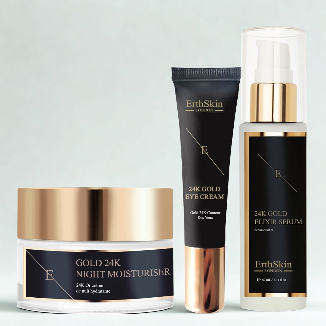 Trois produits cosmétiques : crème de nuit, crème pour les yeux et sérum. Étiquettes noires avec couvercles et lettrage dorés. Marque : ErthSkin London.