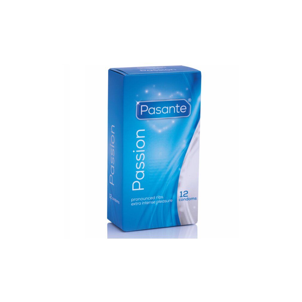Boîte bleue de préservatifs Pasante Passion. Contient 12 préservatifs. Avec nervures prononcées pour plus de plaisir.