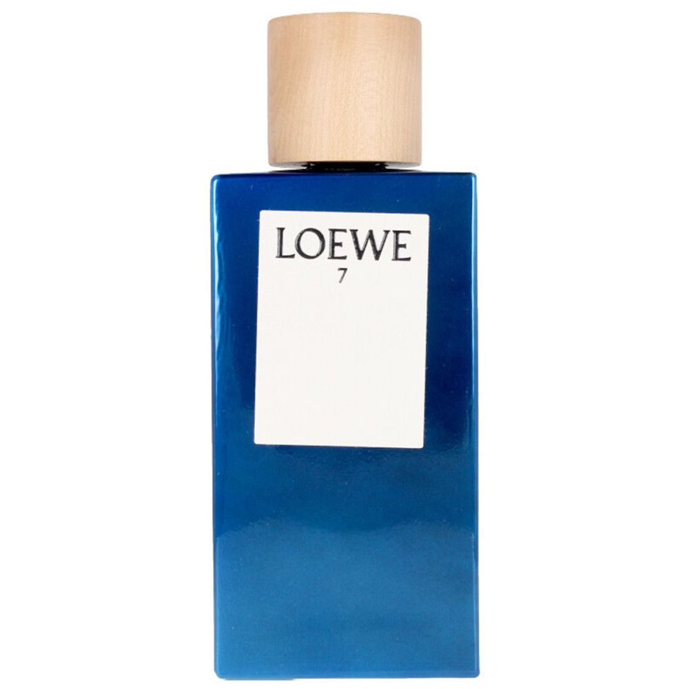Blauwe parfumfles met houten dop. Opschrift: LOEWE 7. Wit etiket.