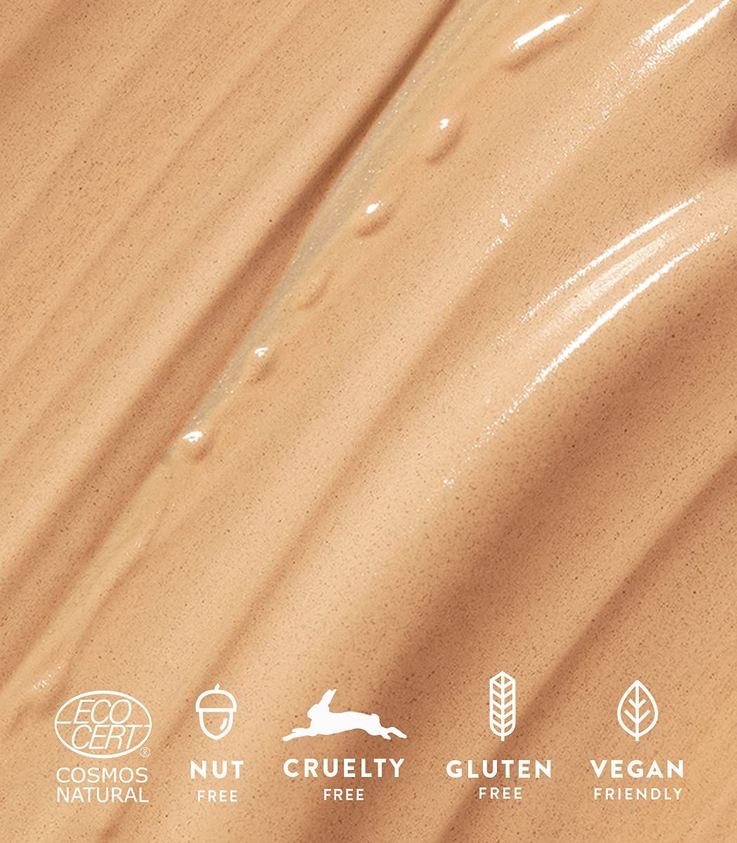 Crème teintée avec certifications : Cosmos Natural, Sans noix, Sans cruauté, Sans gluten, Vegan Friendly.