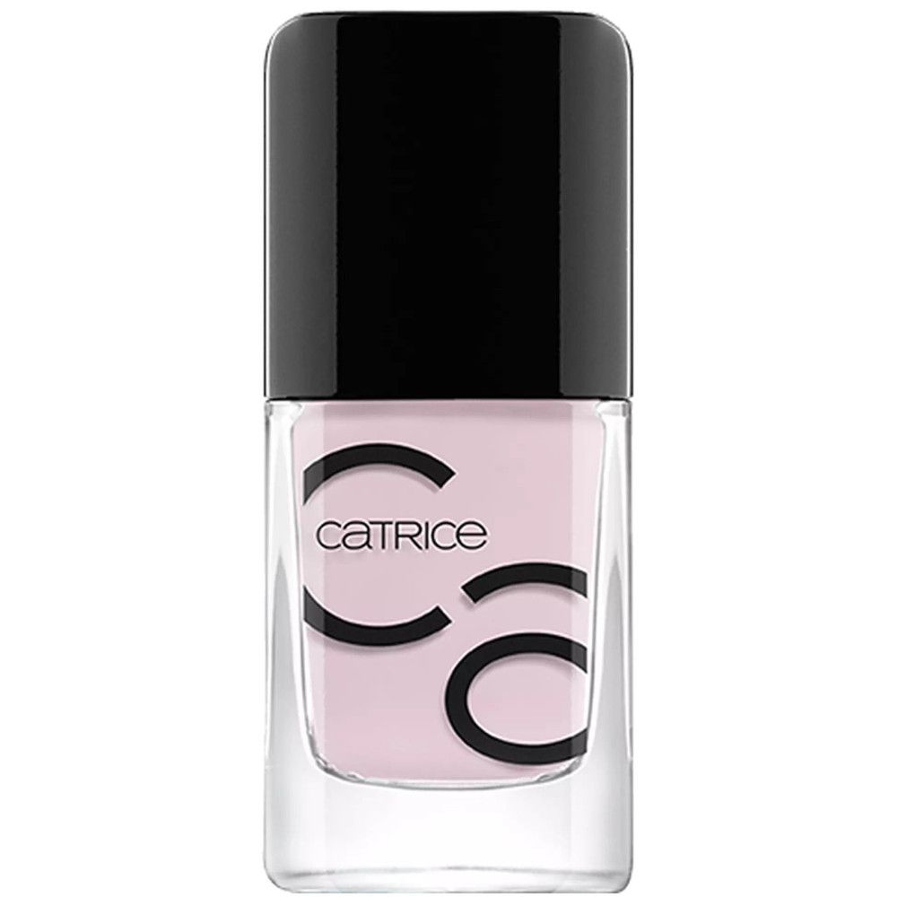 Flacon de vernis à ongles Catrice Iconails. Vernis à ongles rose dans un flacon transparent avec bouchon noir.