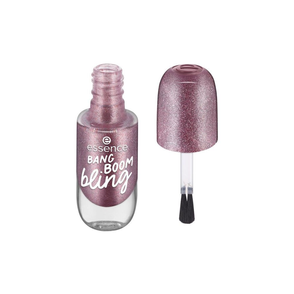 Flacon de vernis à ongles ouvert avec pinceau. Vernis à ongles rose pailleté. Inscription: essence BANG BOOM bling.
