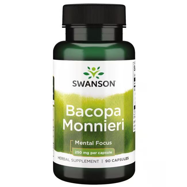 Groene fles met zwarte dop. Opschrift: SWANSON, Bacopa Monnieri, 250 mg per capsule. 90 capsules.