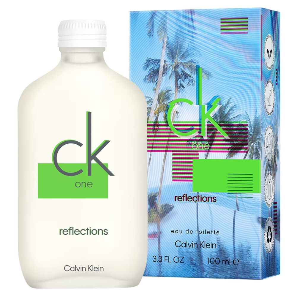 Fles en verpakking van CK One Reflections. Fles met witte dop, groene letters. Verpakking met palmbomenmotief.