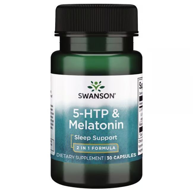 Groene fles met zwarte dop. Label met SWANSON, 5-HTP & Melatonine, Sleep Support, 2 in 1 Formula.