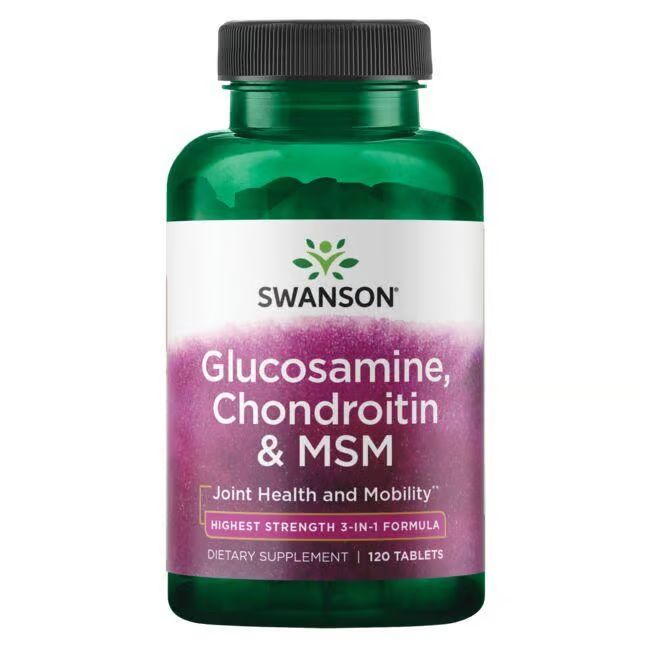 Flacon vert avec étiquette blanche. Inscription: SWANSON, Glucosamine, Chondroïtine & MSM. 120 comprimés.