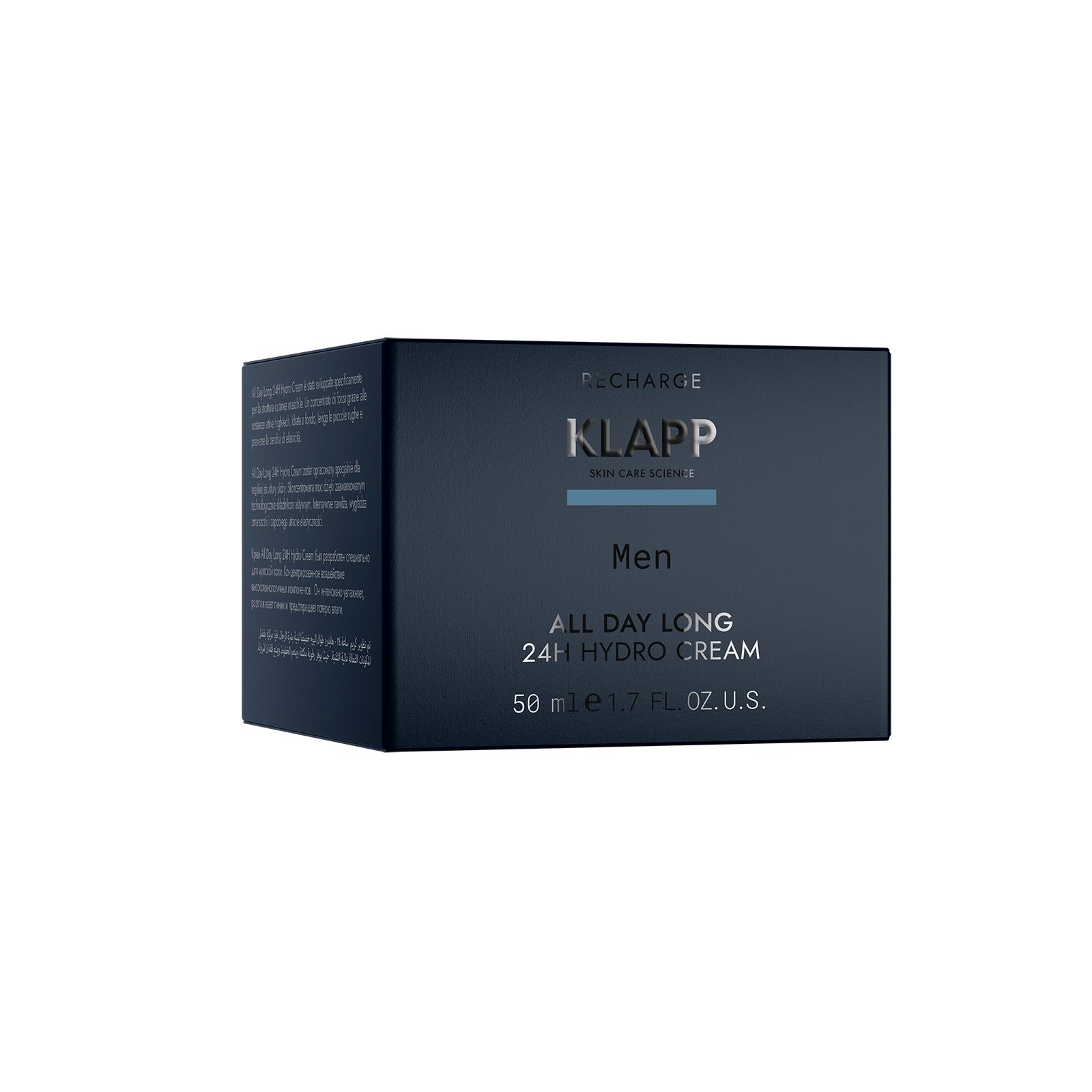 Donkerblauwe productverpakking. Opschrift: KLAPP MEN ALL DAY LONG 24H HYDRO CREAM.