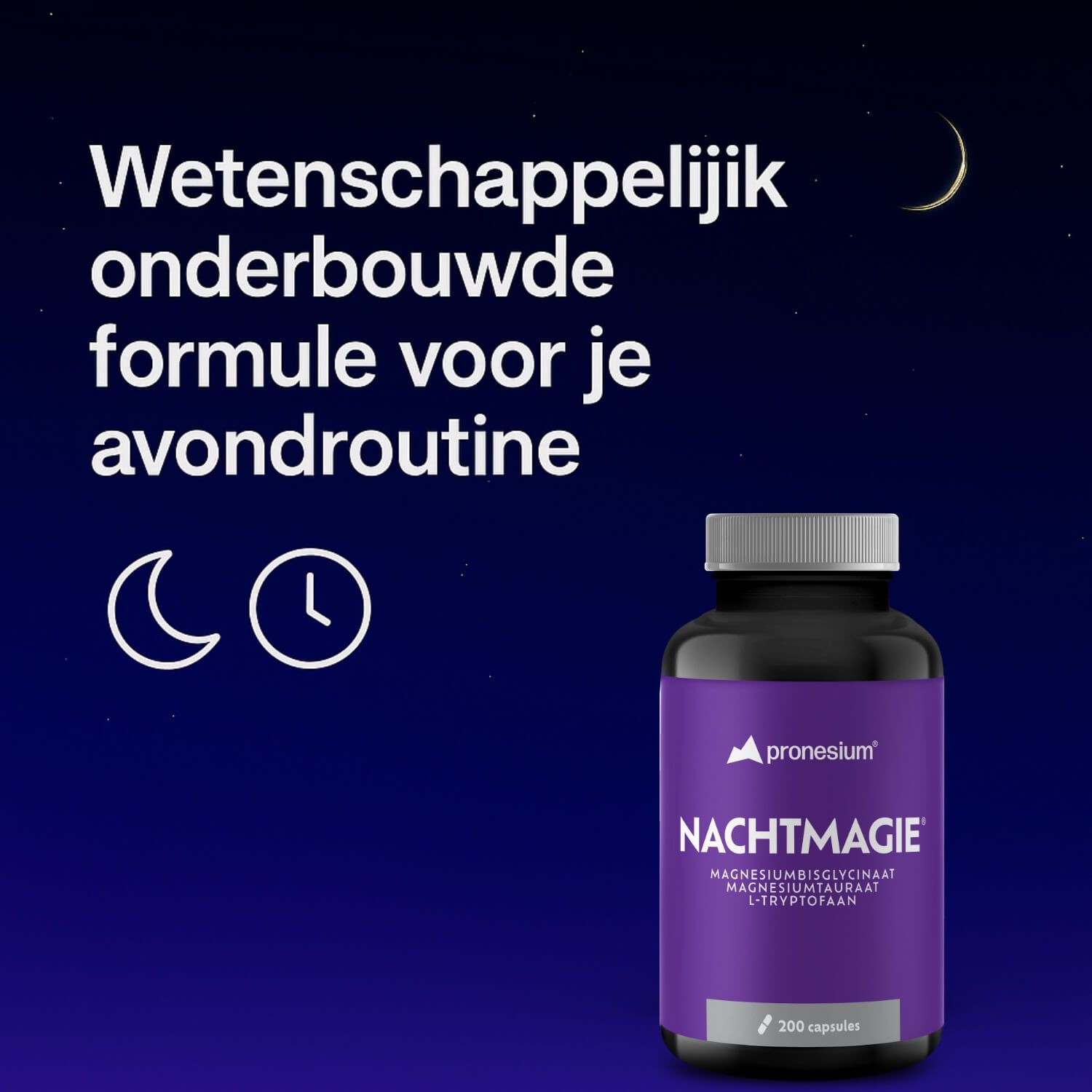 Man en vrouw slapen. Fles met paars etiket. Tekst: NACHTMAGIE, Magnesiumbisglycinaat, Magnesiumtauraat, L-Tryptofaan. Nachtachtergrond.