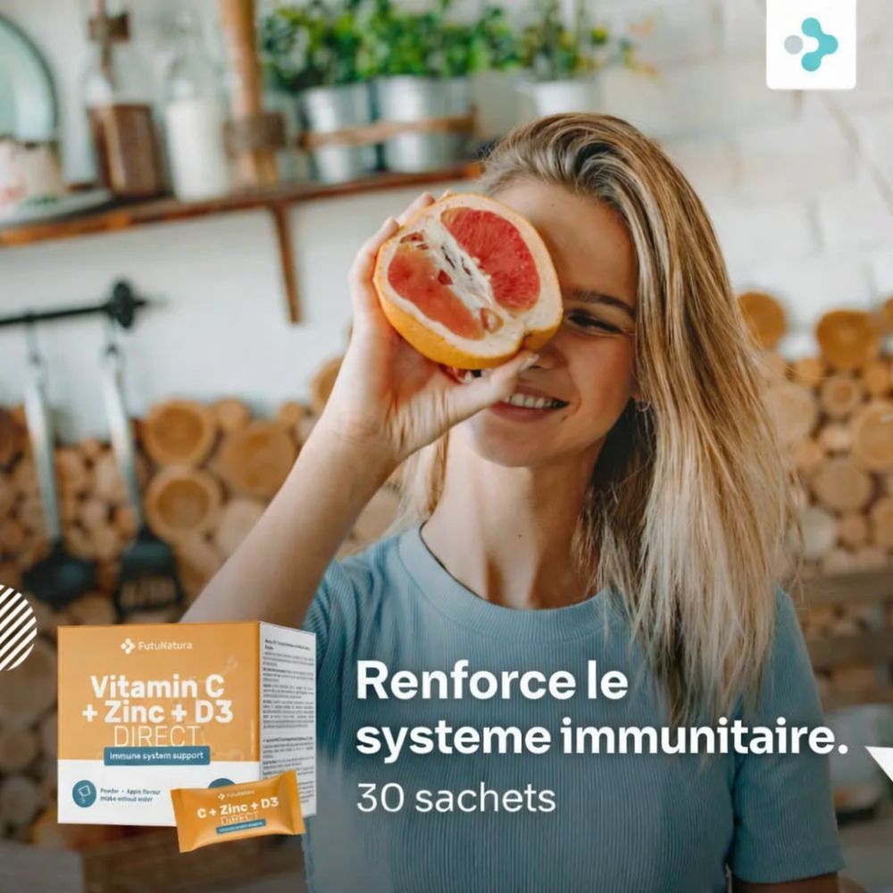Femme avec pamplemousse devant le visage. Boîte et sachet orange avec l'inscription Vitamine C + Zinc + D3 DIRECT.