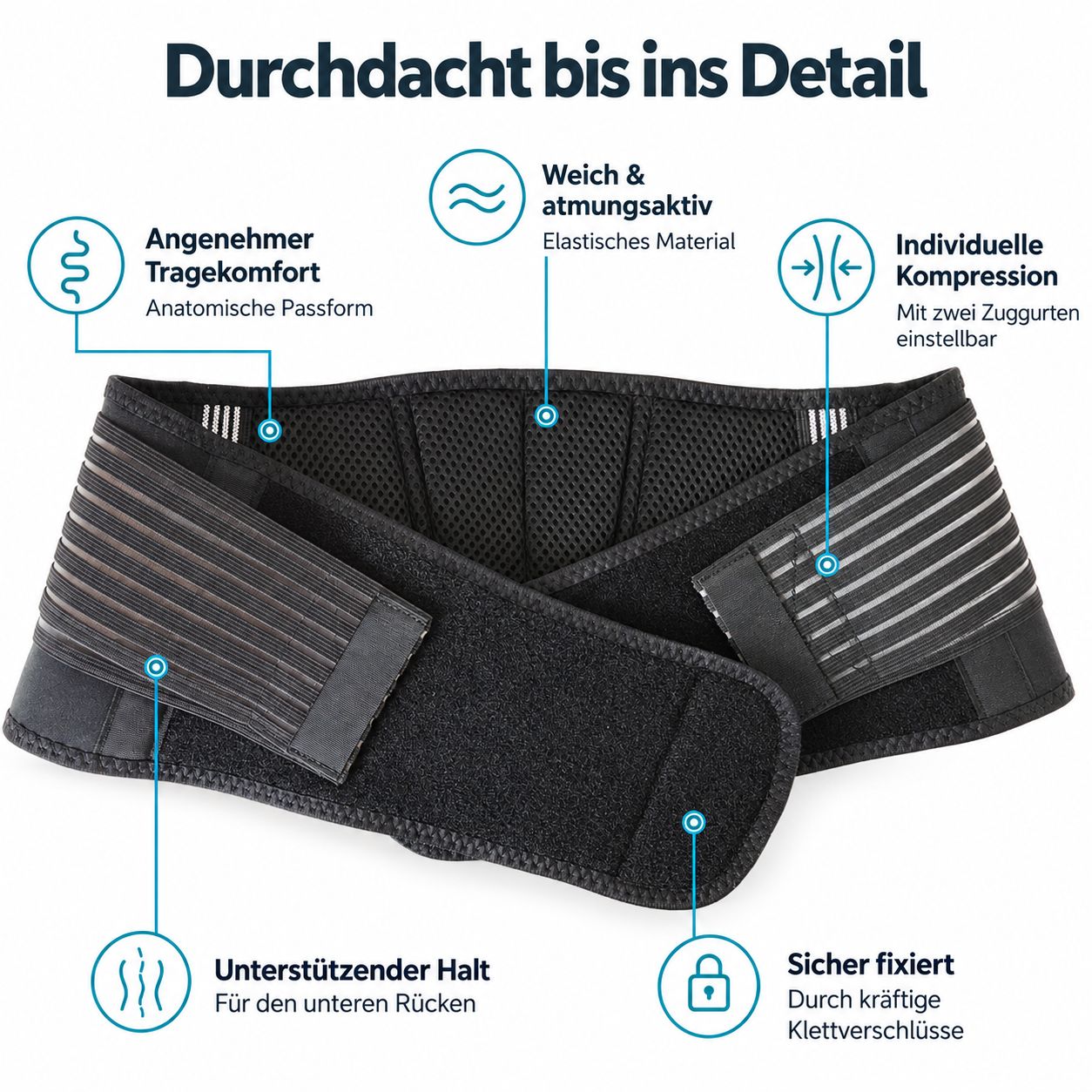 Ceinture lombaire noire avec ajustement anatomique, matériau élastique et sangles réglables.