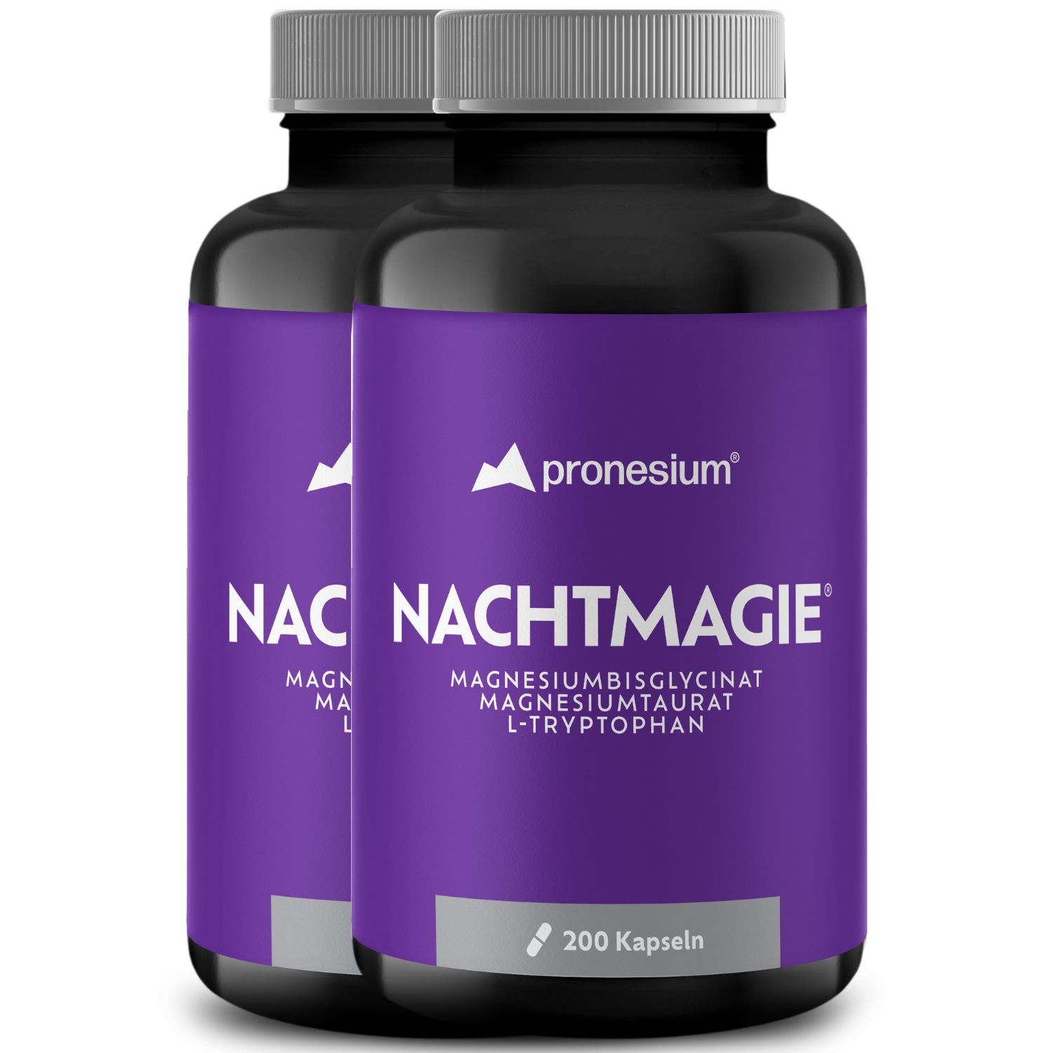 Deux flacons avec étiquette violette. Inscription : NACHTMAGIE, Magnesiumbisglycinate, Magnesiumtaurate, L-Tryptophane. 200 gélules.