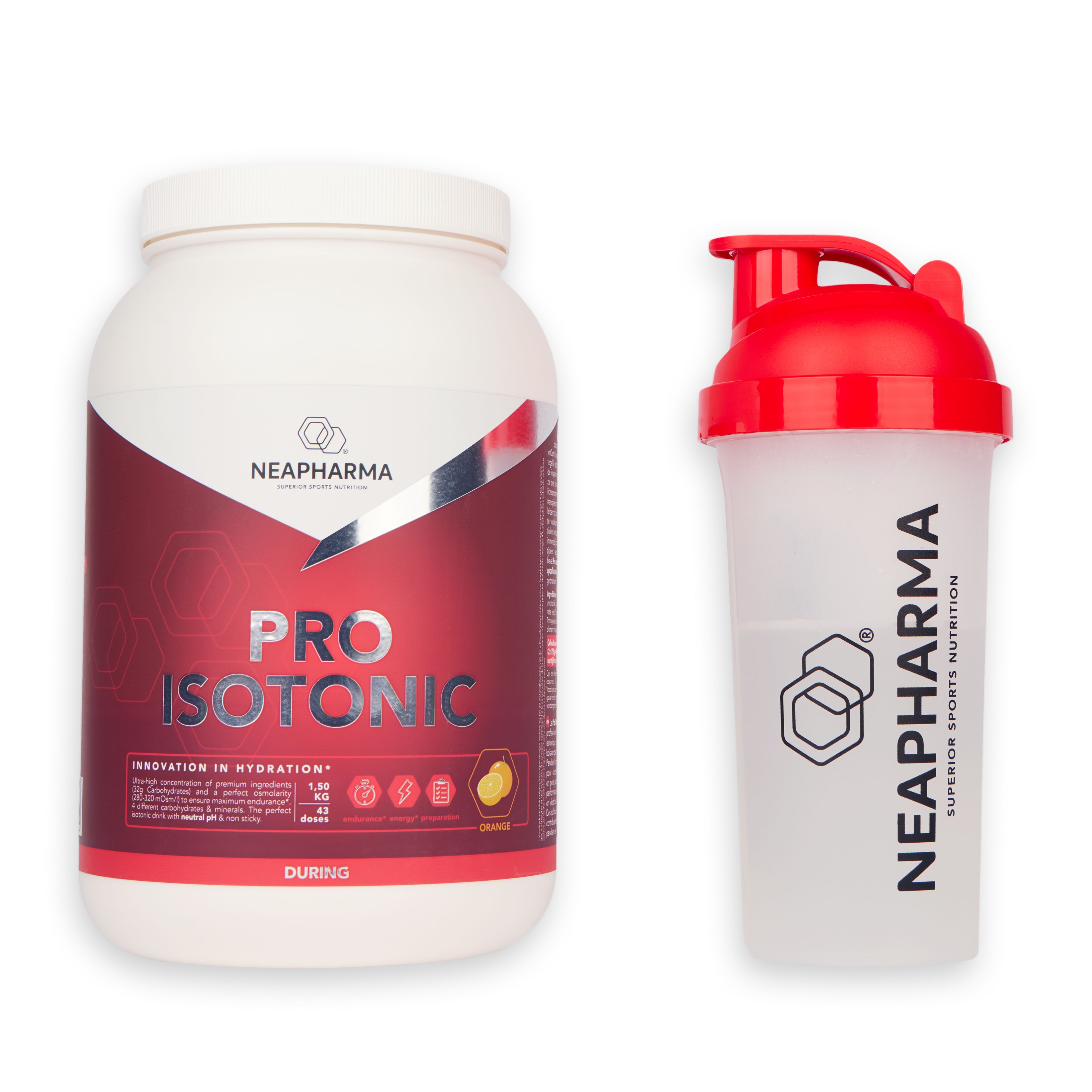 Witte pot met rood etiket en shaker. Opschrift: Pro Isotonic. Merk: Neapharma. Orange Boissons Sportives.