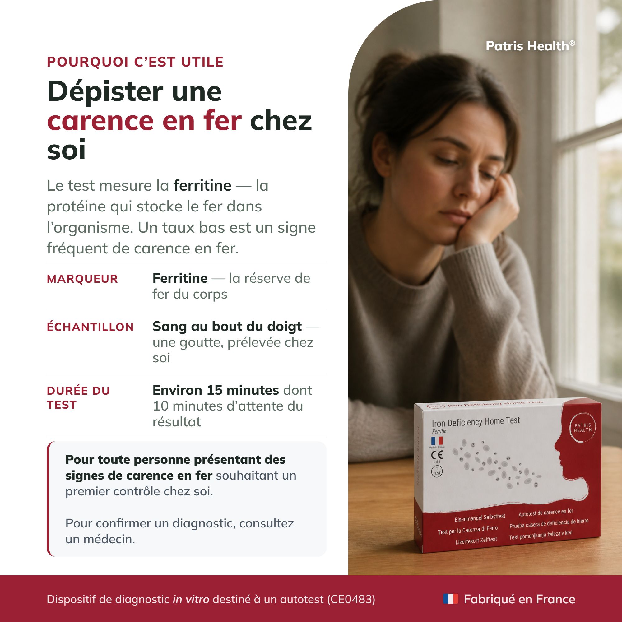Pour qui ce test est-il adapté ? Symptômes comme fatigue, peau pâle, grossesse, règles abondantes.